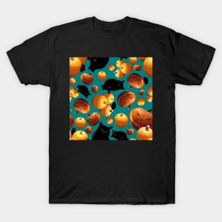 Black Cat and Pumpkins Tossed on Teal Repeat 5748 T-Shirt